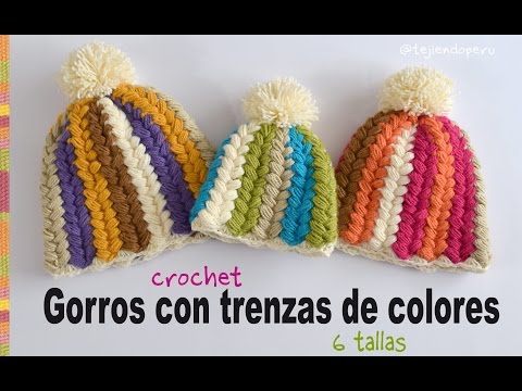 Gorro con trenzas de colores a crochet en todas las tallas / Tejiendo Perú