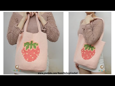 Easy Crochet: How to crochet tote bag (cross stitch strawberry) Part 2/2