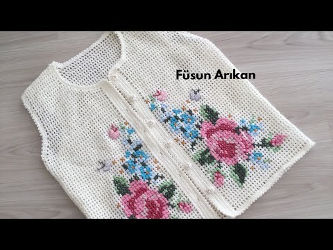 KANAVİÇE İŞLEMELİ  TIĞ İŞİ ÖRGÜ YELEK (CROSSSTİTCH ON CROCHET VEST)