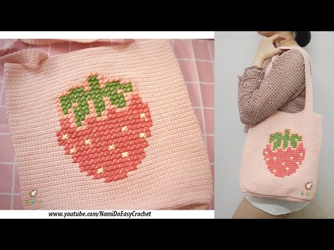 Easy Crochet: How to crochet tote bag (cross stitch strawberry) Part 1/2