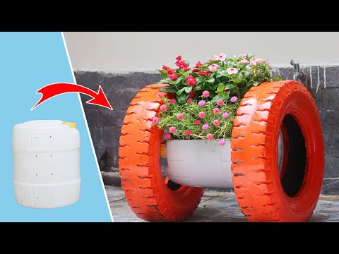 Amazing flower Pot | Recycling Plastic Barrel and tires into garden spools planter | Garden ideas