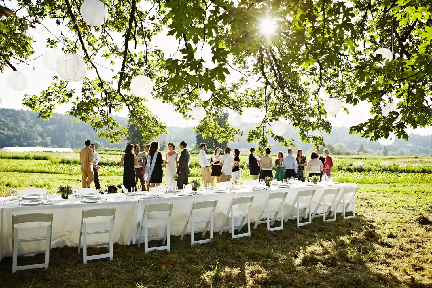 Guests Enjoyed Outdoor Wedding Behind Long White Table