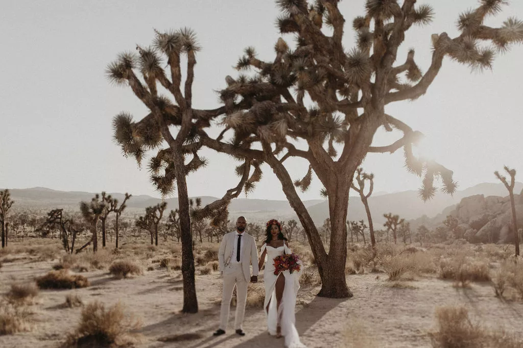 Bride and groom walking through the desert at sunset in Joshua Tree National Park.
