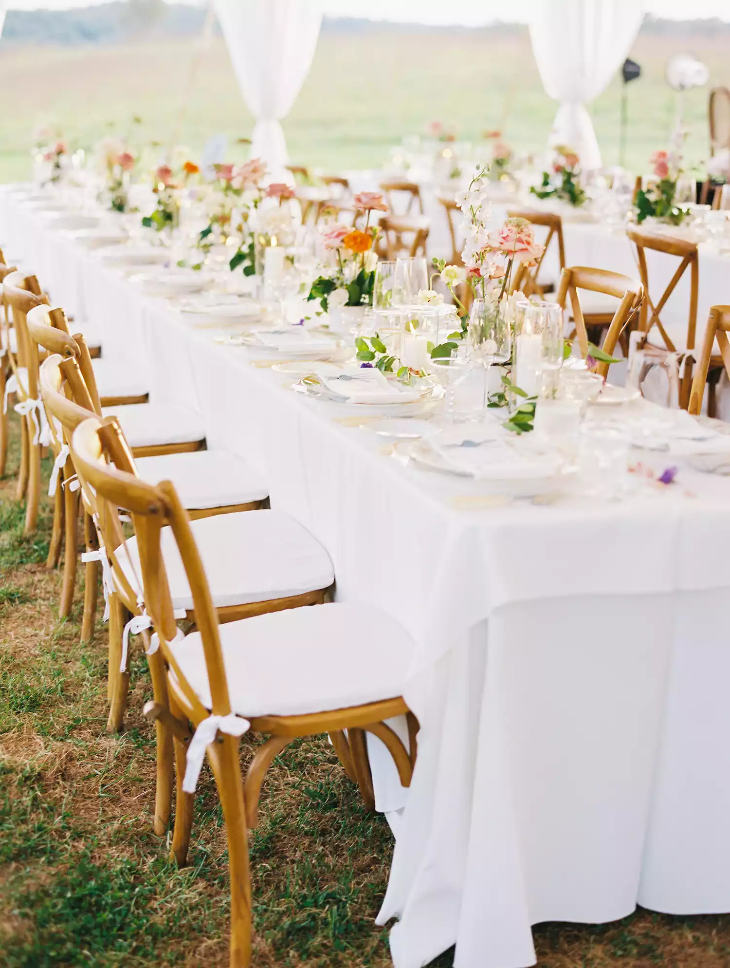 A long white wedding table with wooden chairs and pink floral centerpieces under a tent at an outdoor summer wedding.