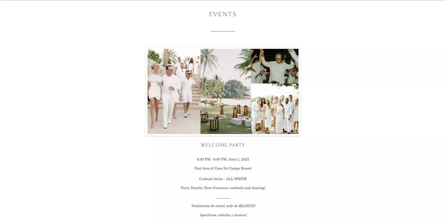 "Events" section of a wedding website providing details for the welcome party