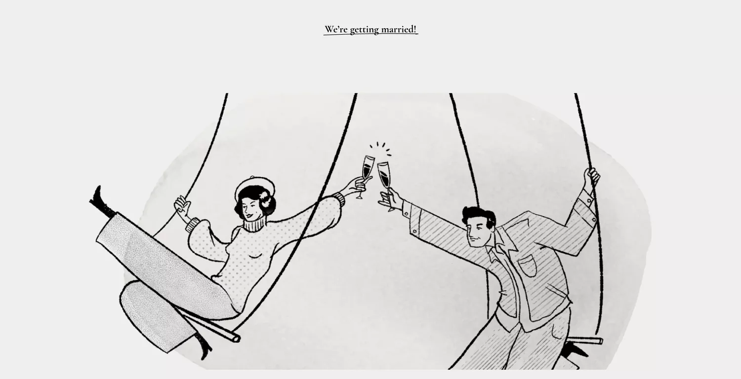 custom illustration of a man and woman on swings toasting champagne