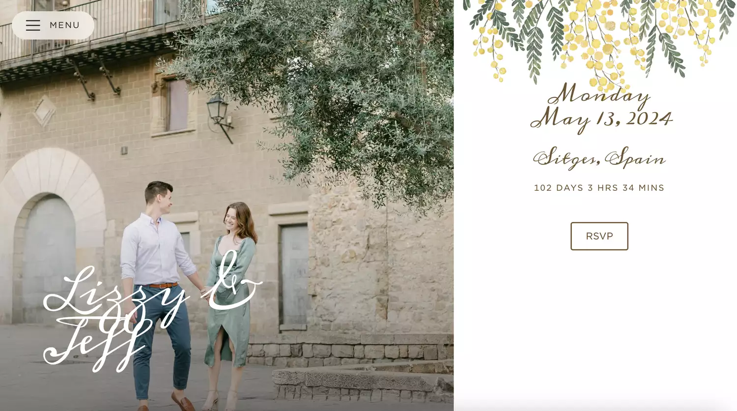 Wedding website homepage with portrait of couple holding hands