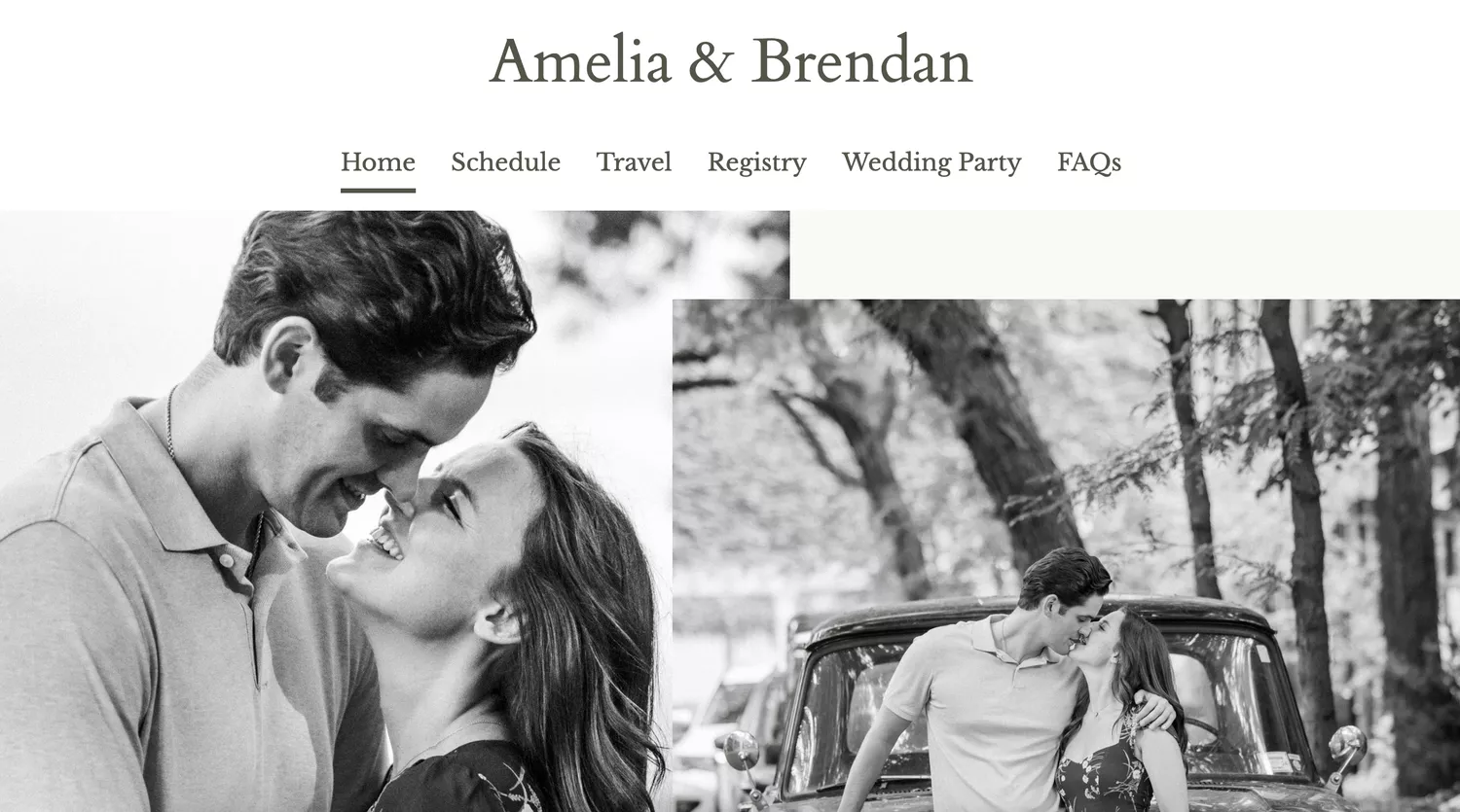 Wedding website homepage with two side-by-side, black-and-white portraits of a couple