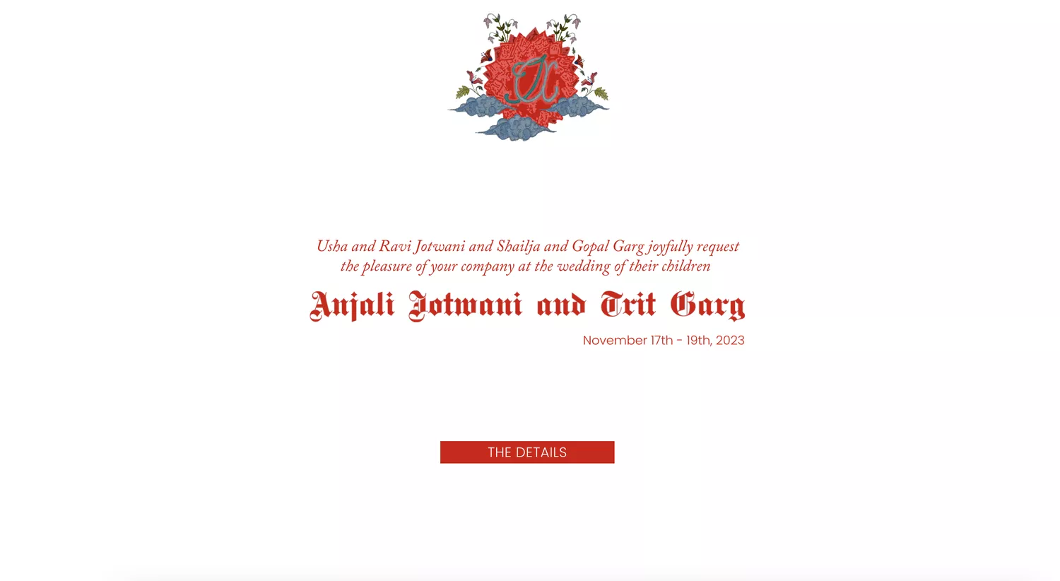 Couple's wedding website with custom crest and red typeface