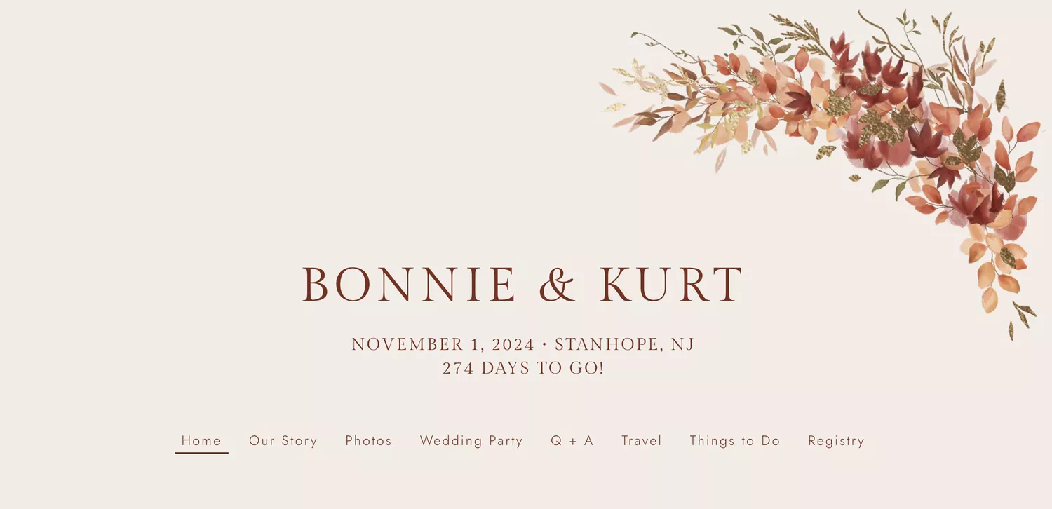 Wedding website homepage with couple's names and date and illustration of flowers