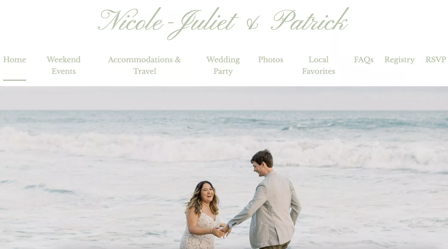 Couple's wedding website with portrait of couple holding hands on the beach