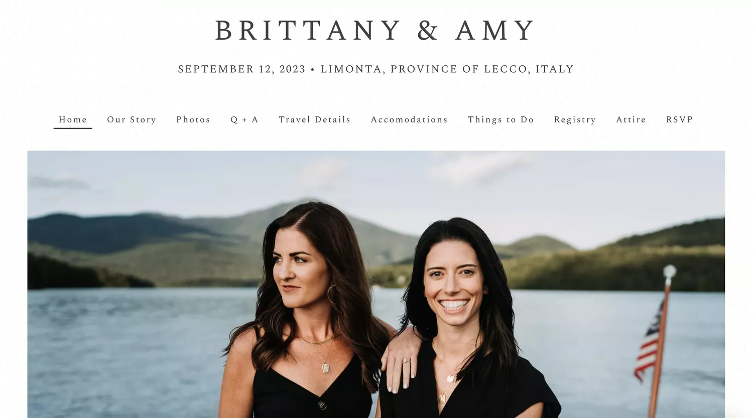 Snapshot of couple's wedding website homepage with portrait on a boat