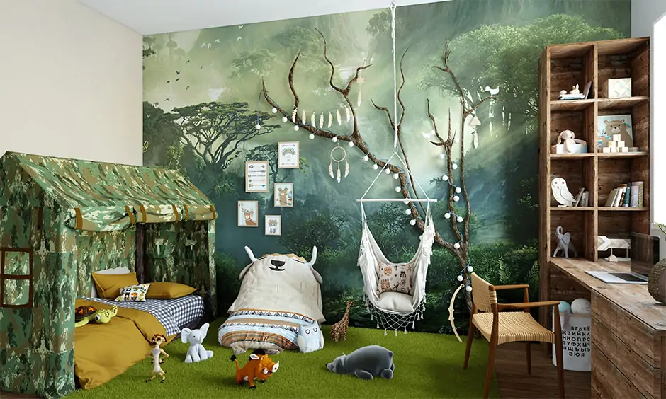 A jungle themed room with a wooden kids study table and chair