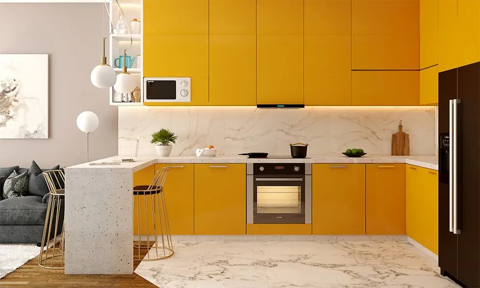Yellow Acrylic sheet kitchen design creates a spacious and airy atmosphere