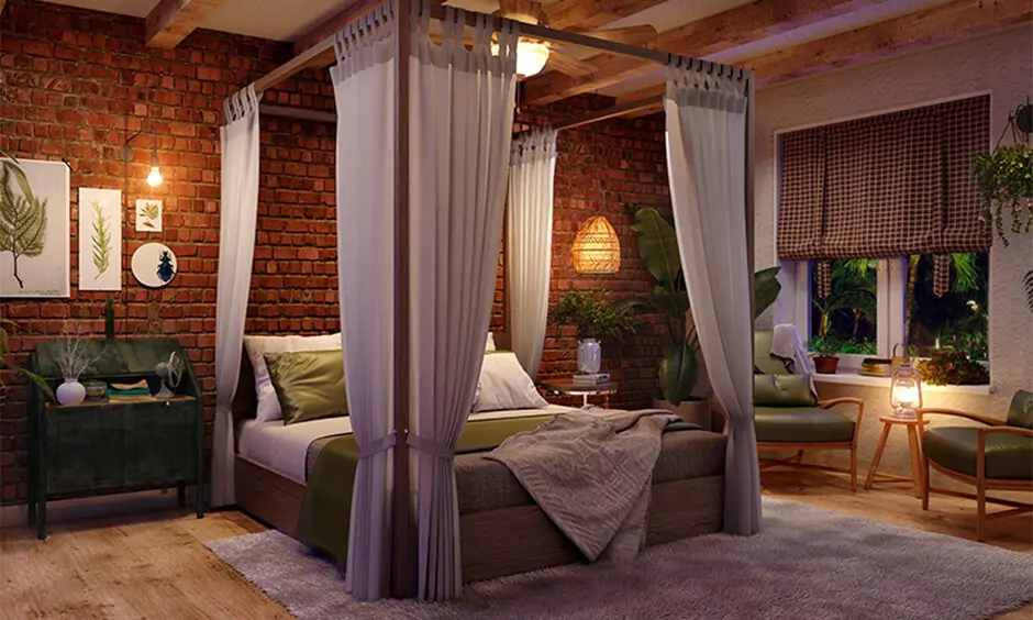 Antique wooden poster bed with canopy exudes Hollywood charm against brick wall, matte flooring, and draped elegance