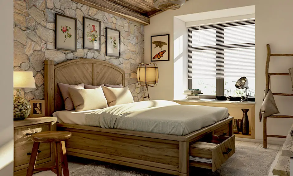 Antique wooden bed with built-in drawers is a practical and stylish bedroom storage solution