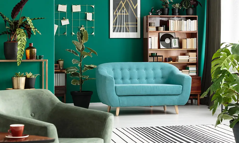 All Aqua green living room wall colour design is sure to exhibit a fresh vibe with bright yet close to nature's brilliance