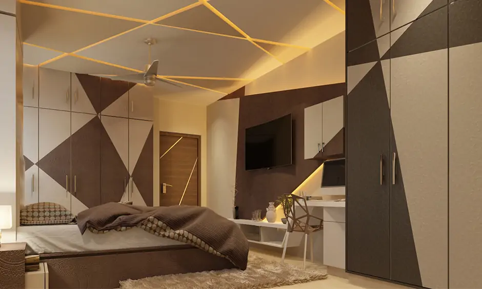 Art deco interior bedroom with simple geometric false ceiling