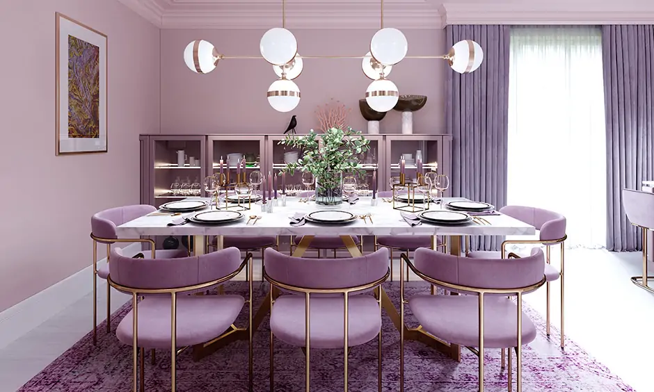 Art deco interior design with a lilac dining room in an artistic deco display