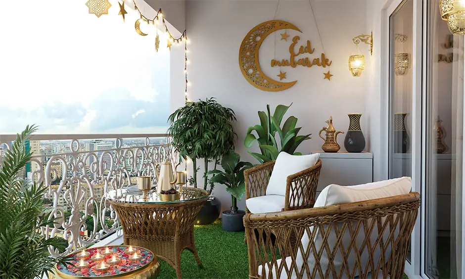 Eid mubarak decoration in the balcony area with lights plants and special decor elements brings a comforting vibe