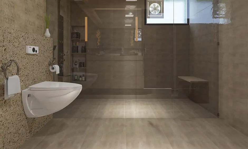 Medium brown wooden floor tiles for the bathroom for a traditional vibe