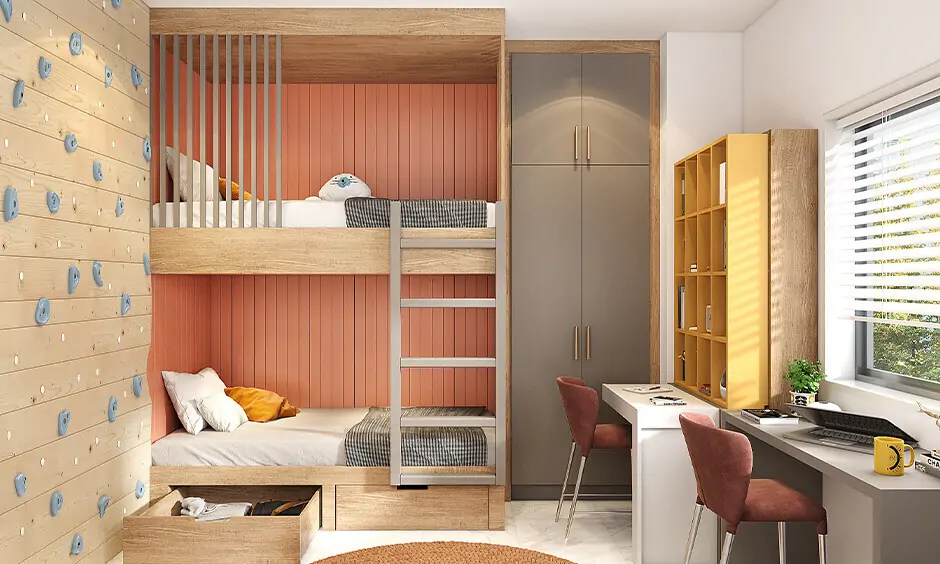 Bedroom layout design incorporates children's bunk beds, balancing practicality and fun