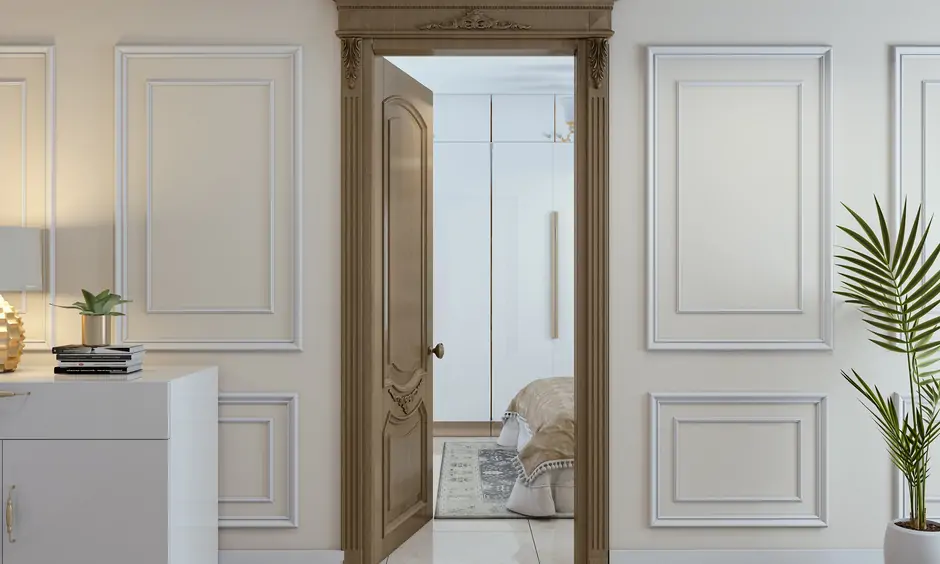 Bedroom wooden door design in intricate woodwork, adding warmth and sophistication to the space