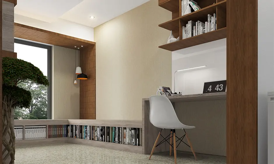 Large beige terrazzo tiles in the study room blend well with the existing colour scheme