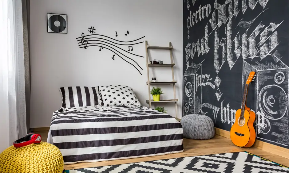 Classic black and white colour combination in bedroom interior exudes elegance and versatility