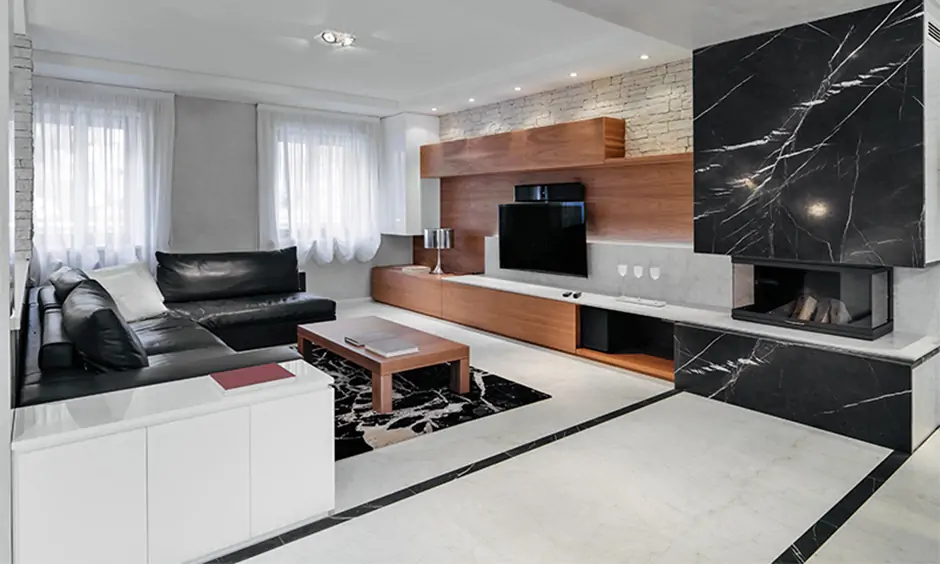 Black marble wall cladding designs for living room in tv unit
