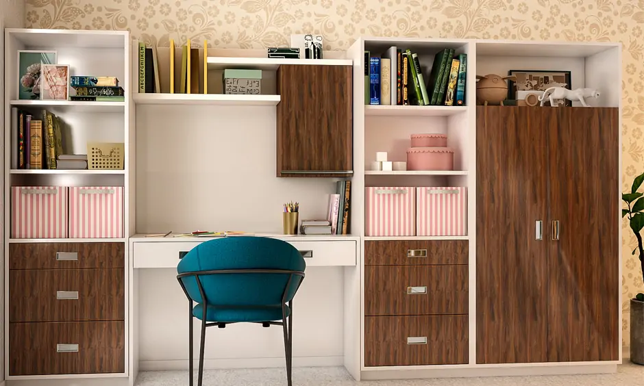Book storage cabinet with boxes against patterned wallpaper wall