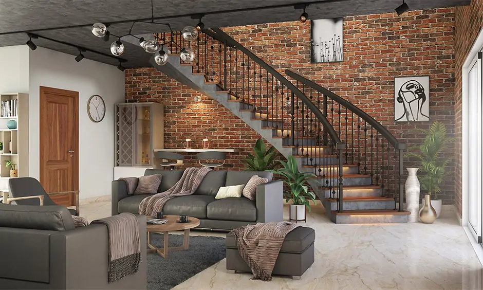 Brick wall cladding idea for the staircase, which complements the rest of the room