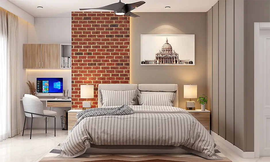 Modern bedroom with exposed brick wall texture