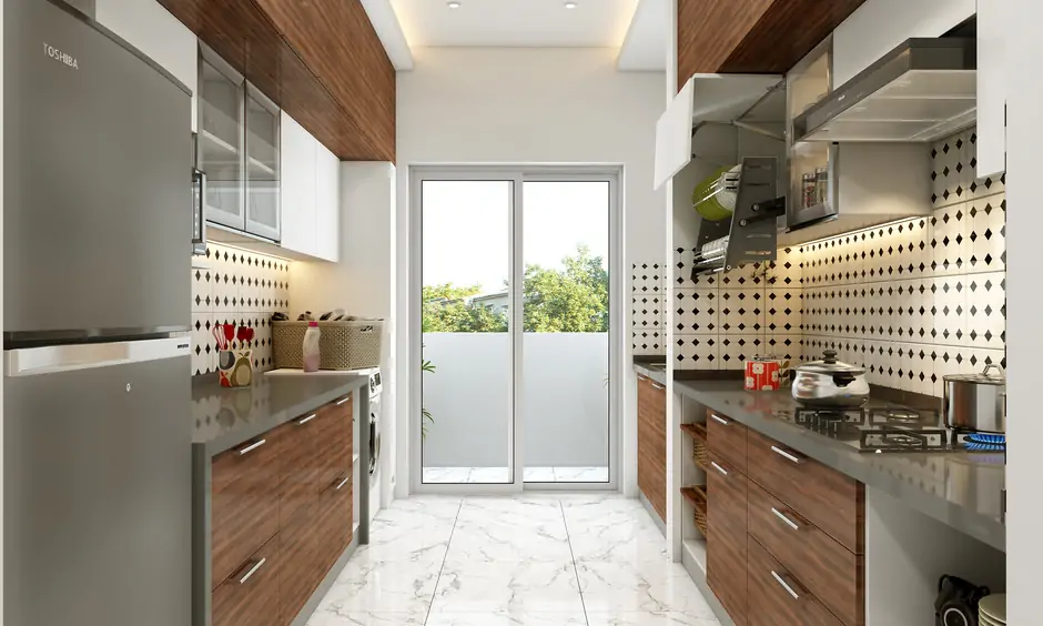 Brown and white cabinets in the parallel kitchen look aesthetically pleasing