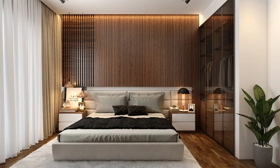 Cosy bedroom with a brown monochromatic colour scheme featuring textured furniture and accessories