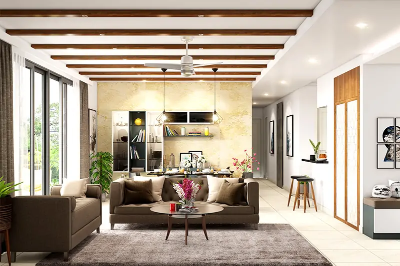 False ceiling colours for living room where white gives a stately look with the wooden beams in the ceiling design