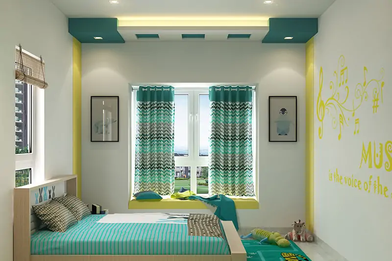 False ceiling colour combinatiion with paint colour for your home with sea green and white colour for a vibrant kids room