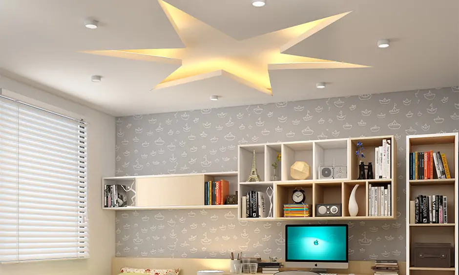 Children's bedroom false ceiling design for kids room in a star shape with lighting add more character to the room.
