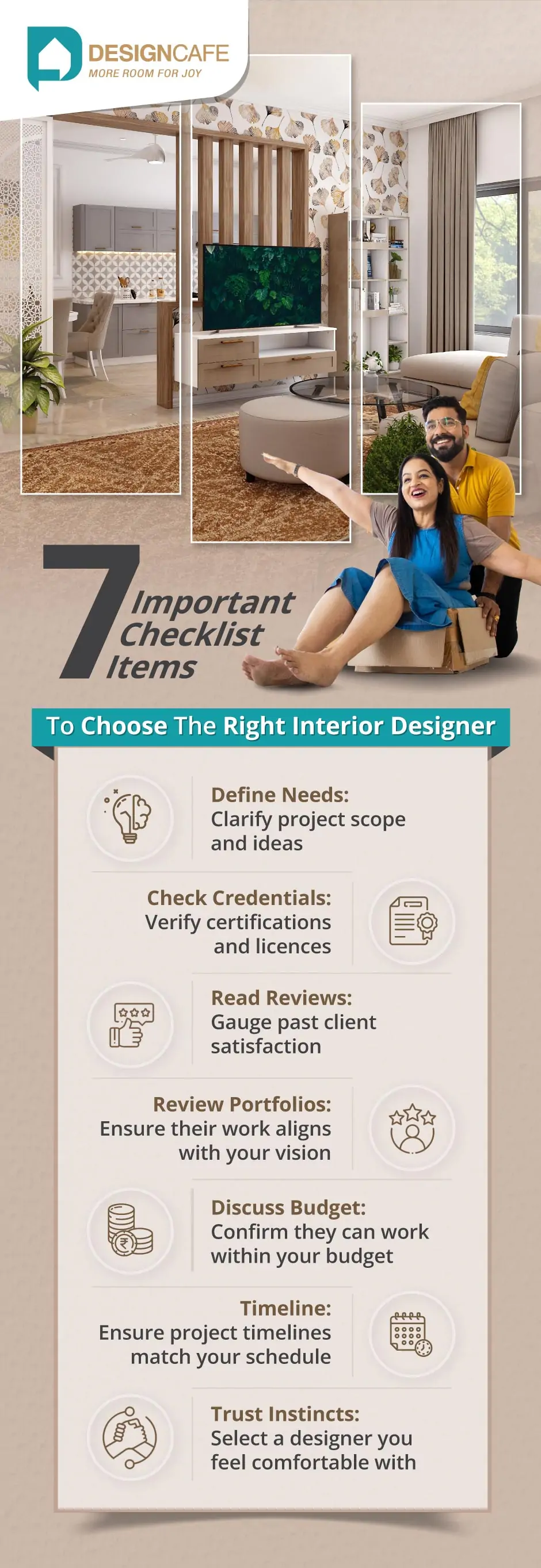 Interior designer checklist: Portfolio, references, budget, style, communication, timeline, contract clarity.