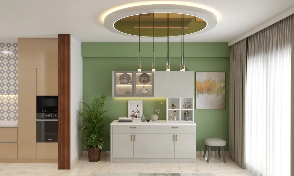 Circular false ceiling glass design in green kitchen look extraordinary