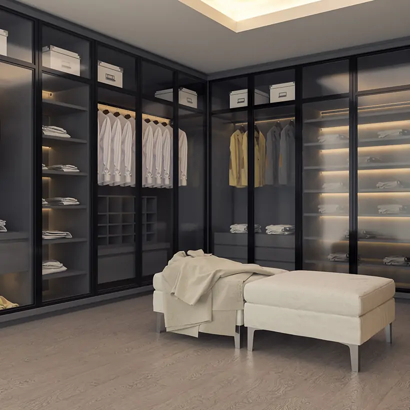 Dressing room wardrobe design with glass doors spell luxury, class and style