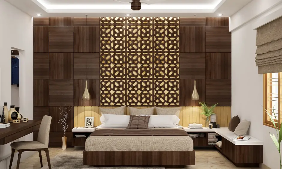 Bedroom with CNC cutting design pattern headboard in dark wood keeps glamourous in the bedroom