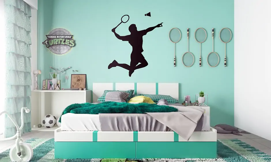 Cool bedroom wall idea with badminton sport wall stickers, brings out the sense of personality.