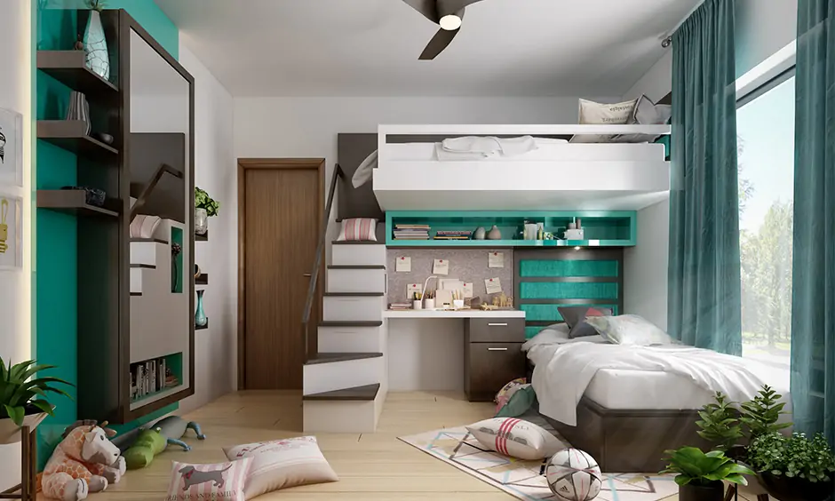 The cool kids' bedroom has a bunk bed with an attached study table that makes the room look bigger.