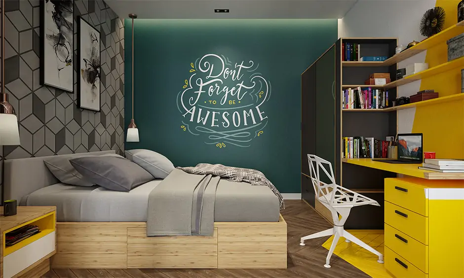 A wall with quotes turns a space into inspiration and is a cool wall sticker for kids' bedroom.