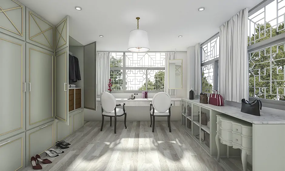 Cupboard design for dressing room in white and light grey looks so relaxing and chic