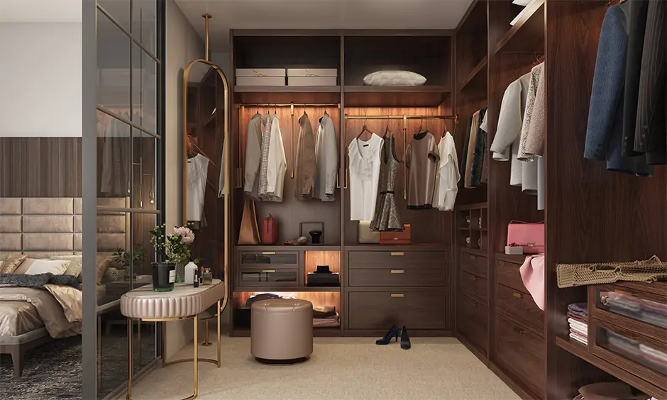 Cupboard designs for dressing room with gold painted dressing table