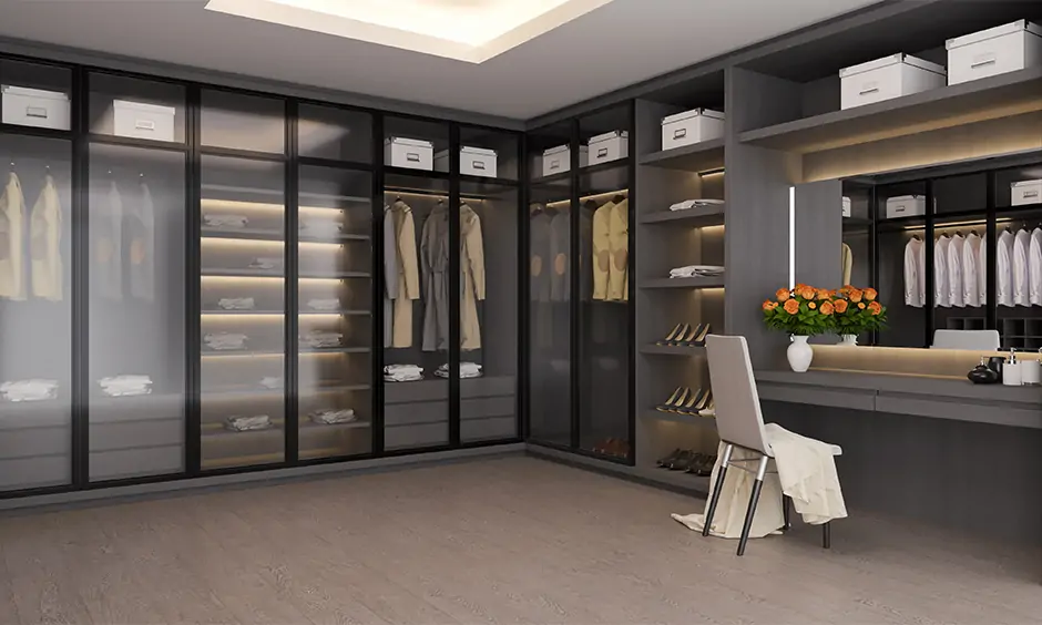 Cupboard designs for dressing room with light coloured storage boxes