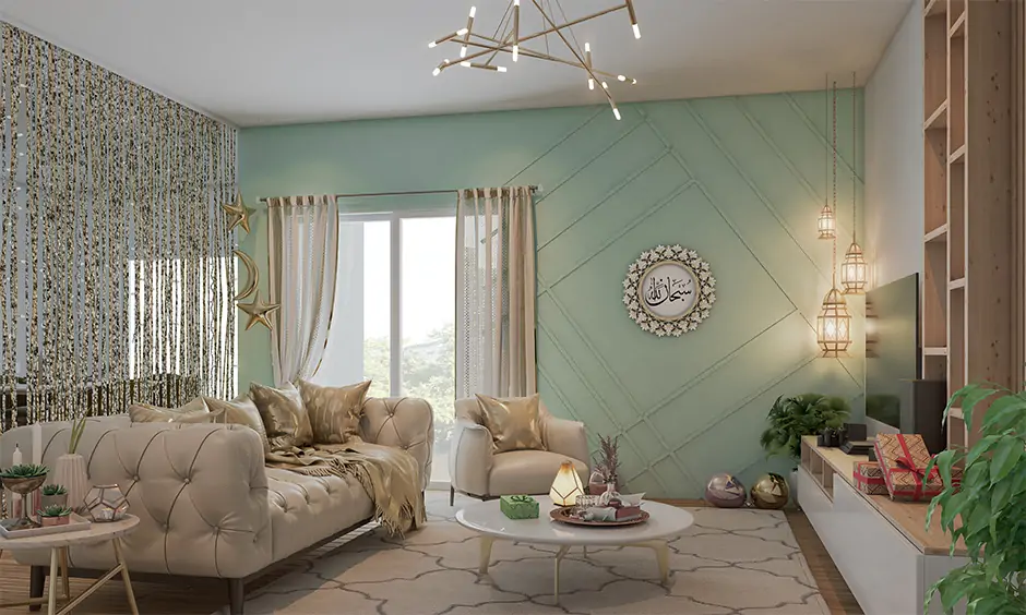 Eid al adha decoration ideas living room decorated with glitter cushion covers drapes and curtain lends the festive vibe