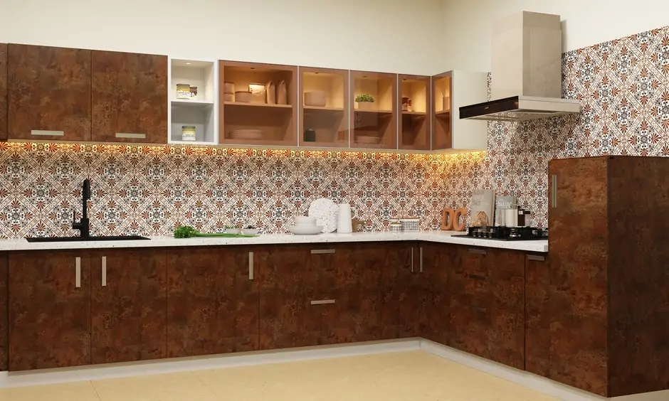 Dark brown kitchen cabinets in l-shaped kitchen, creating visual depth